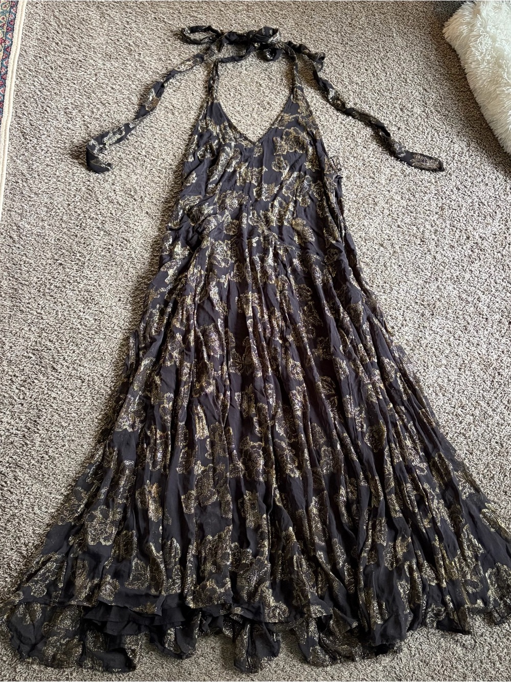 Free People Black Gold Metallic Floral Halter Maxi Dress Whimsigoth Open Back XL